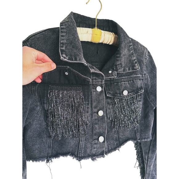 Fringe Cropped Distressed Y2K Denim Jacket Medium Western Raw Hem Grunge Retro - Picture 5 of 9